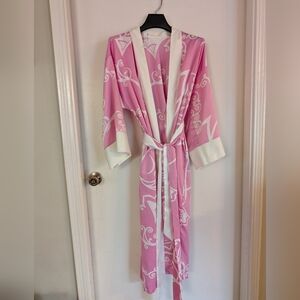 Cruz Natori Pink/White Floral Swirls  Belted Long Robe Kimono Size Small